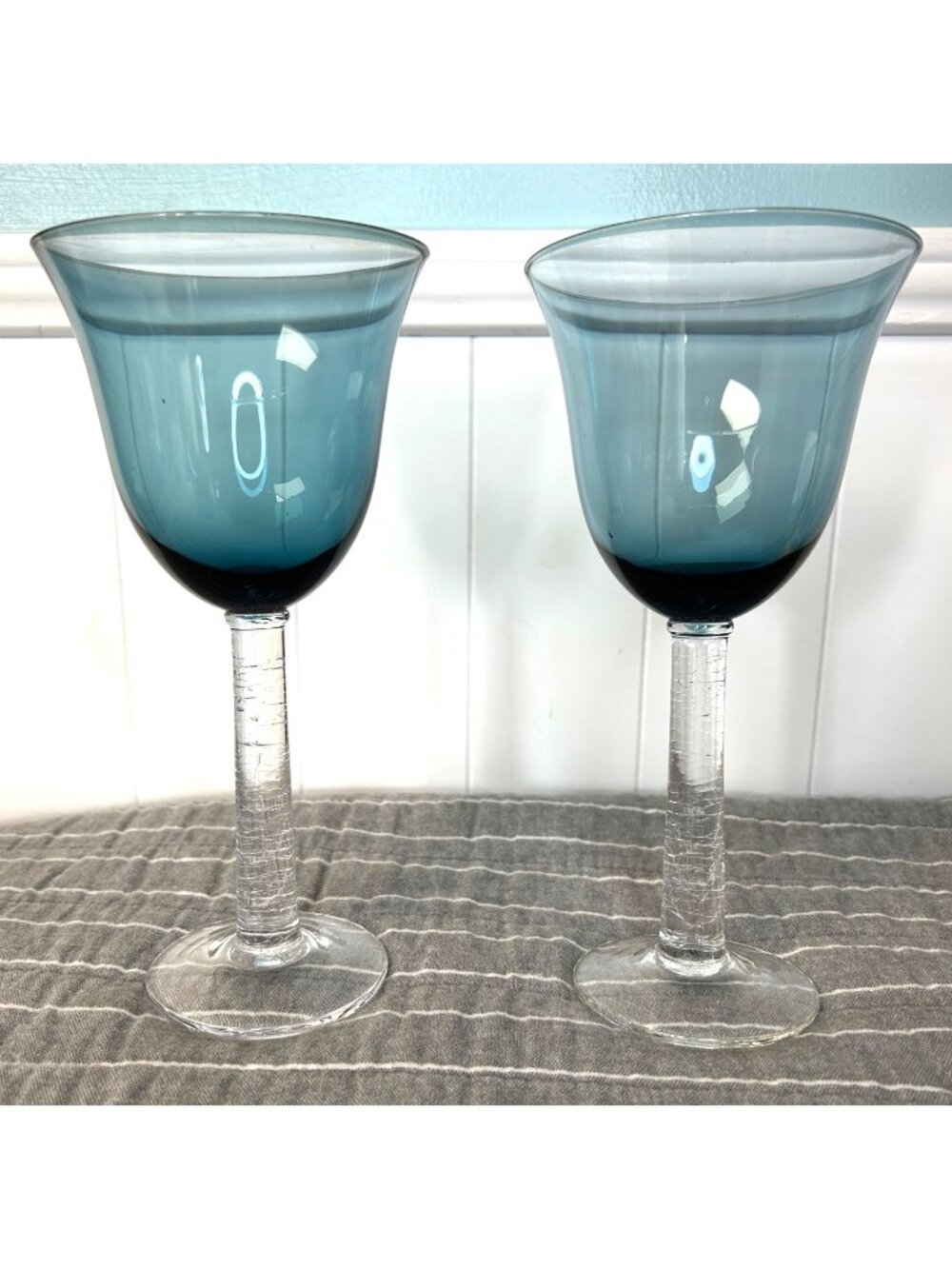 Vintage Gorham Blue Crystal Wine Goblet Glasses Crackle Stem Set Of Two 8" Stems